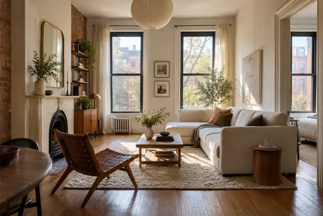 AI-generated visualization of a warm, furnished Brooklyn apartment interior